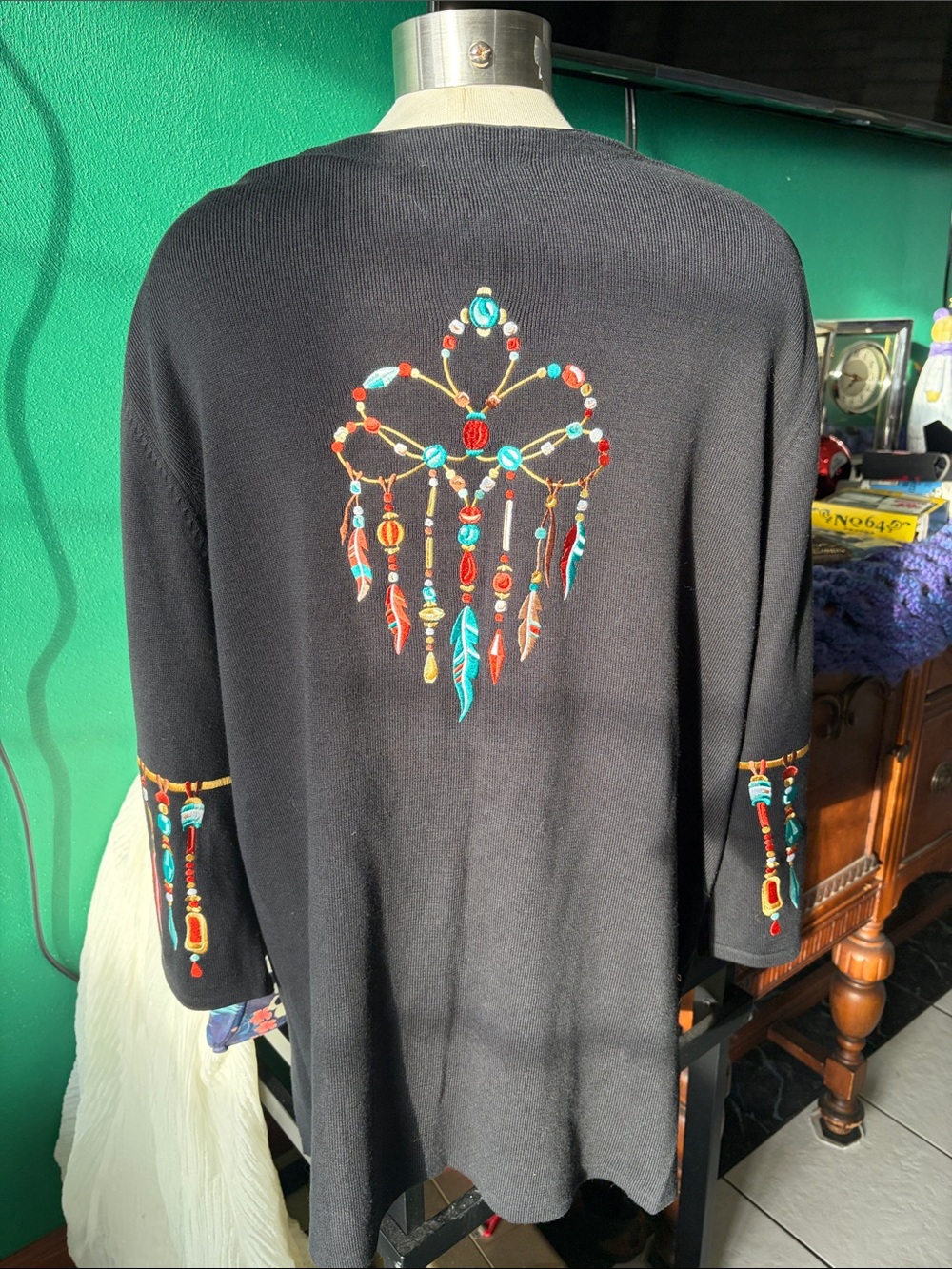 Bob Mackie Wearable Art Cardigan, Native Feather Embroidered, sz 2X